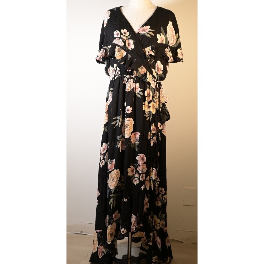 American Ray S Floral Ruffle Wrap Hi-Low Maxi‎ Dress Black Pink Coastal Romantic